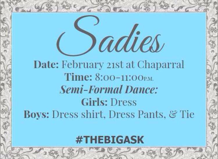 ChapHappenings's tweet photo. Sadie's spirit week starts next week and the dance is February 21st #TheBigAsk http://t.co/Rgr92zpB50