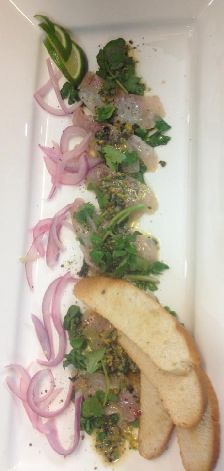 largechef's tweet image. Sea Bass Crudo w/ watercress, cilantro &amp;amp; pistachio-lime pesto