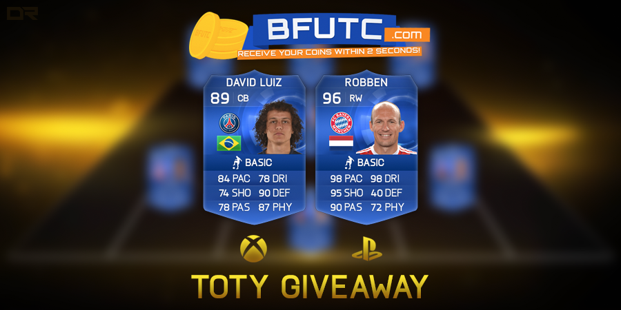 BFUTC's tweet image. TOTY GIVEAWAY! David Luiz and Robben! Buy COINS and get up to 320% more chances! Enter here: Buy-Fifa-UltimateTeam-Coins.com/GIVEAWAYS