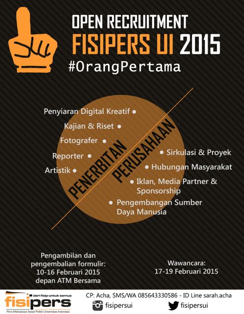 fisipersui's tweet image. [OPEN RECRUITMENT] FISIPERS UI 2015 #OrangPertama @FISIPUI_2013 @FISIP_UI2014