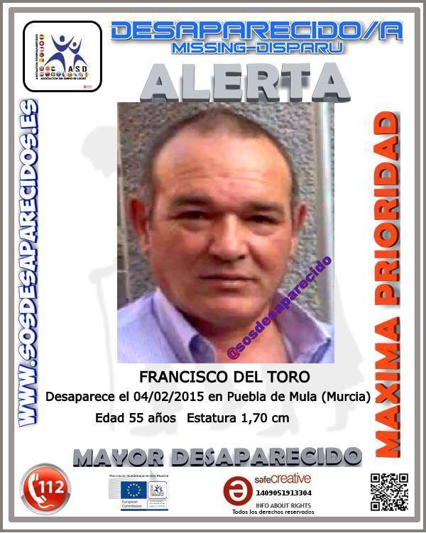 Colabora y RT. Buscamos a Francisco, #desaparecido en Mula #Murcia . Si puedes ayudarnos llama al 062