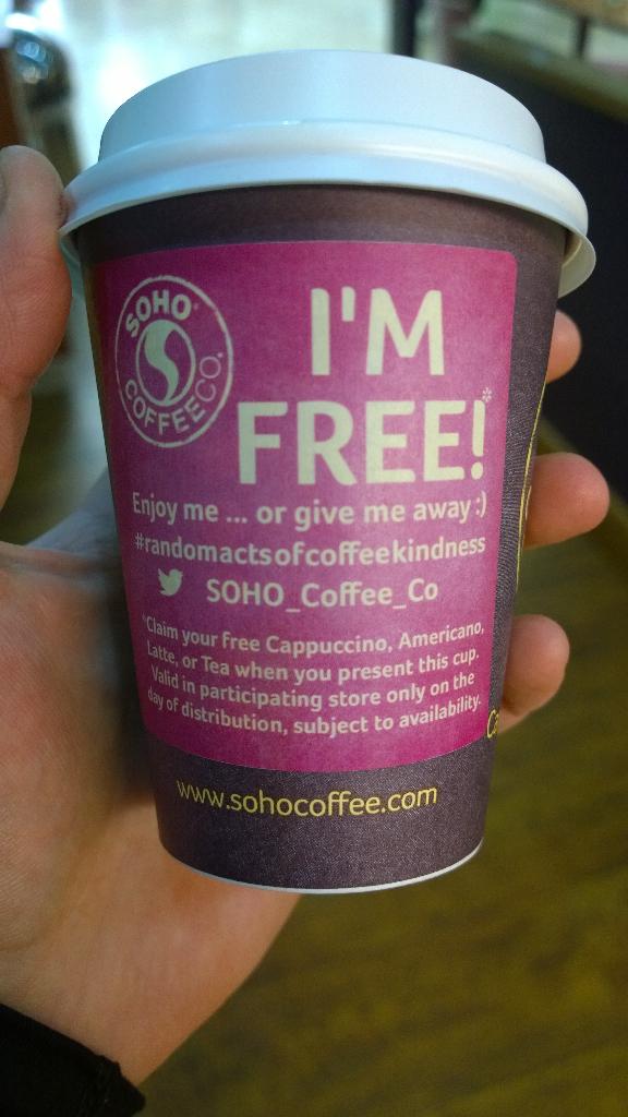 KathFenlon's tweet photo. Look out for our @SOHO_Coffee_Co Cardiff team giving away free coffee #randomactsofcoffeekindness @Capitol_Cardiff http://t.co/sNYJu8RiVz