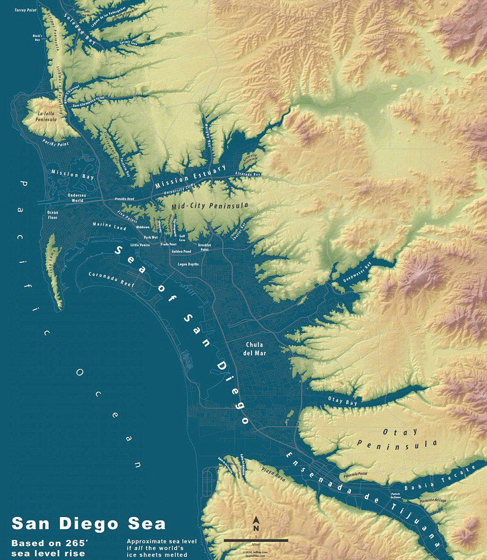 Sea of San Diego - Map of (former) San Diego if all the world's ice sheets melted @baja_explorer  #Infotheque