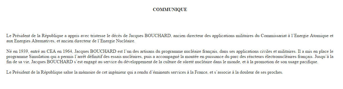 Le président <a href="/fhollande/">François Hollande</a> salue la mémoire de Jacques BOUCHARD, ancien directeur des applications militaires du CEA