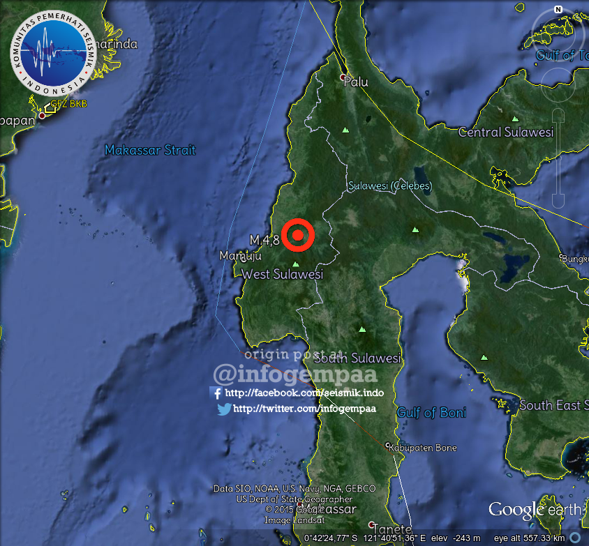 #Gempa Mag:4,8 SR Sulawesi Barat
14km tenggara Kab. Mamuju
kedalaman 10km
10 Feb 2015 Pkl.15:22WIB