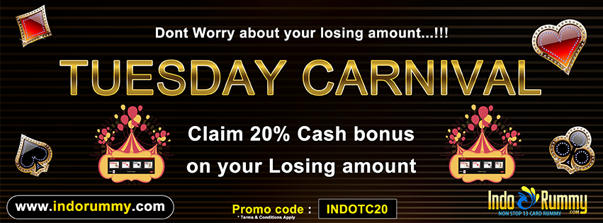 IndoRummy's tweet photo. Tuesday Carnival !! Claim 20% Cash Back on Your Losing Amount at http://t.co/SjzdBfUeAP  Use Promo Code - #INDOTC20 http://t.co/fY08q3izLH