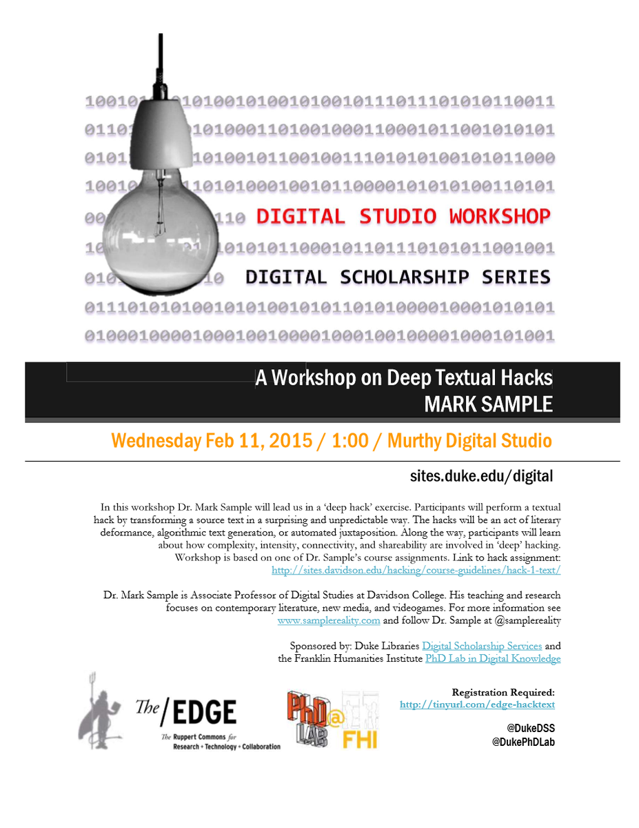 DukeDSPS's tweet photo. Tomorrow! Mark Sample @samplereality comes to the @DukeDSS Digital Studio @HASTACscholars @DukePhDLab #samplehack #dh http://t.co/PdEMXitfKd