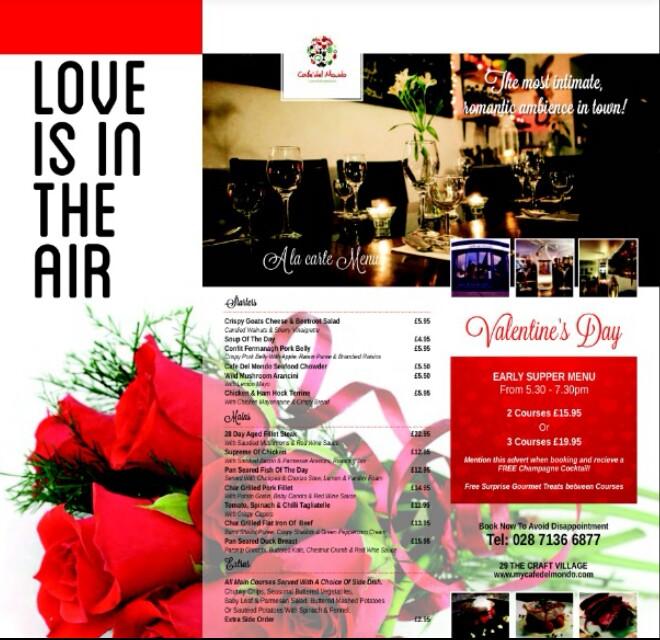 Valentines night 
Mention this ad when booking to receive free champagne cocktails for couples
02871366877