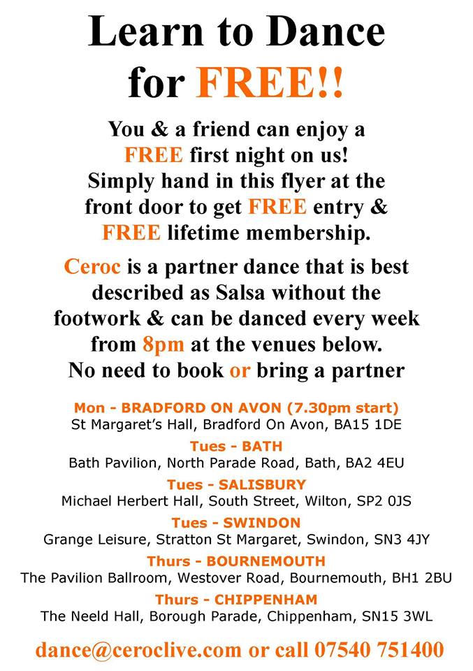#ceroc @BathPavilion tonight. no partner required, show this flyer and quote twitter for your first night free