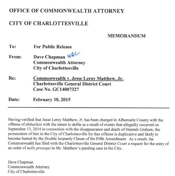 NewsNetNews's tweet image. 1/2 #HannahGraham #CommonwealthAttorney #DaveChapman Memo Ref Not Prosecuting #JesseMatthew In Charlottesville.org