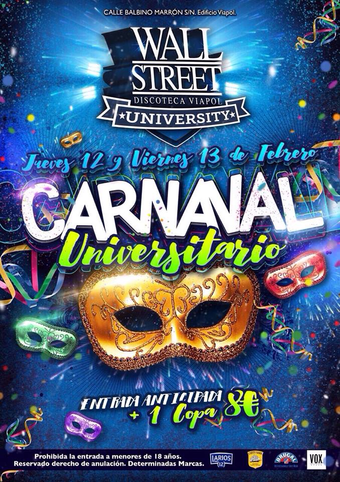 #WALL #STREET 

JUEVES Y VIERNES CARNAVAL UNIVERSITARIO🎉

ENTRADAS 8€ + COPA , 645-23-00-91📞 <a href="/eventosevilla/">eventos en sevilla</a>