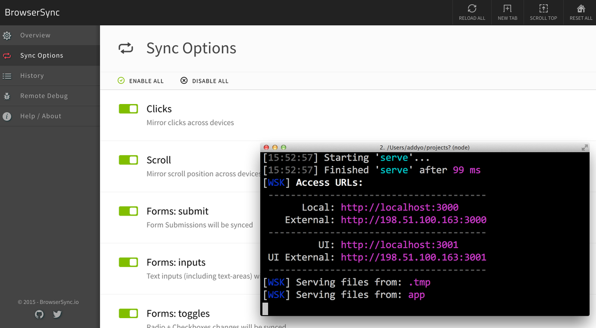 addyosmani's tweet photo. BrowserSync 2.0 is out! Now with a browser-based UI &amp; remote debugging http://t.co/WHRb61zuCV ❤ for cross-device sync http://t.co/r9nqJ5LIRl