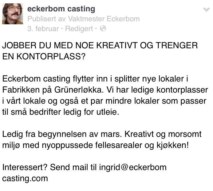 eckerbomcasting's tweet image. Jobber du med noe kreativt og trenger kontorplass? Vi har!