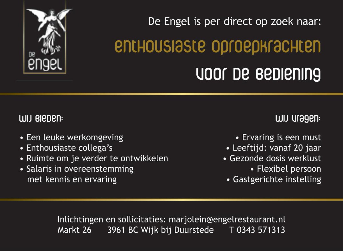DeEngelWBD's tweet photo. Op zoek naar een leuke bijbaan in de horeca? Mail dan naar marjolein@engelrestaurant.nl http://t.co/DmqVz6RGDa