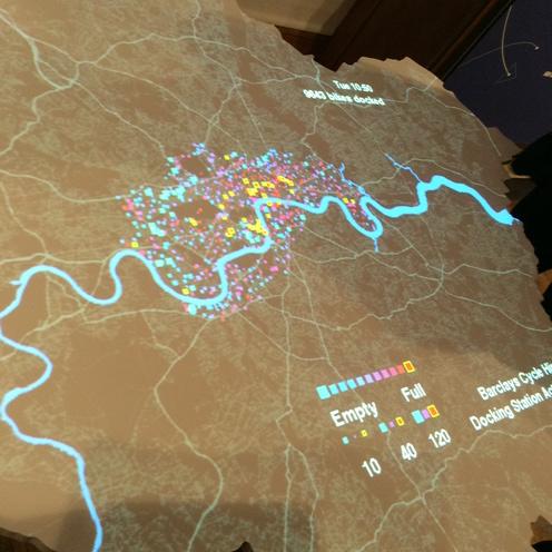 guardiancities's tweet image. Cycle hire activity mapped live on the London Data Table at #TheFutureCity exhibition @RIBA