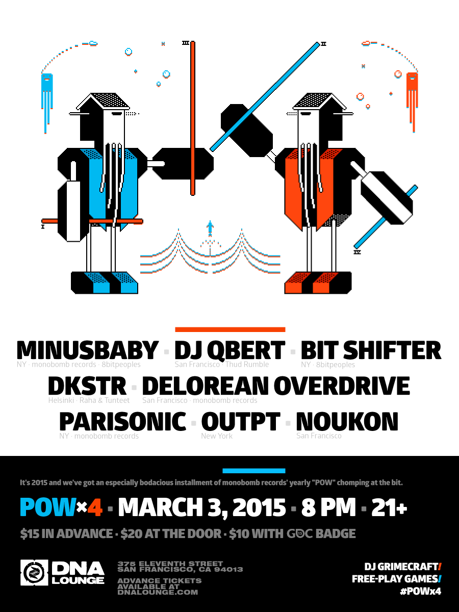 SF 3/3 #POWx4 w/ <a href="/DJQbert/">DJ Q*BERT 👾 Invisibl Skratch Piklz</a> @minusbaby <a href="/bit_shifter_/">❱❱ Bit Shifter</a> <a href="/parisgraphics/">Paris Treantafeles</a> <a href="/deloreanOD/">Delorean Overdrive</a> <a href="/dkstrmusic/">Dkstr</a> <a href="/outpt/">Mab Astra ✨</a> <a href="/noukon/">Gabriel Roland</a> @Grimecraft!