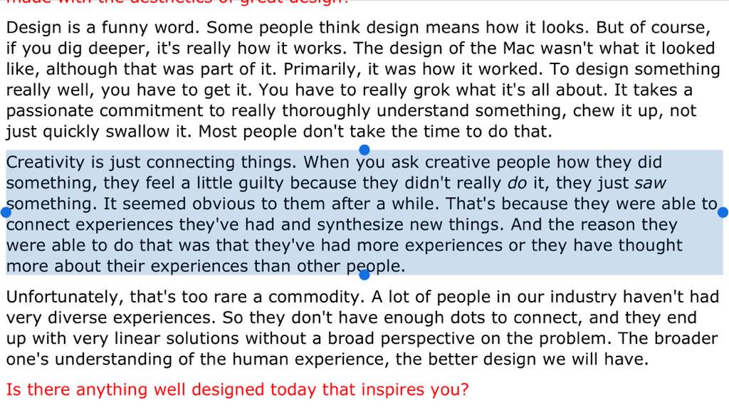 johnmaeda's tweet photo. "Creativity is just connecting things." —SJ (1993) http://t.co/aPQyF3m3FE http://t.co/tedeVvxqgm