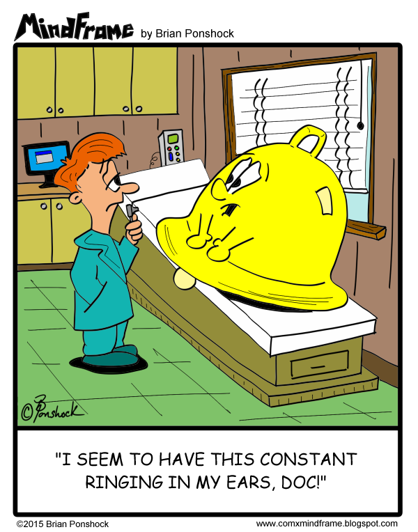 BrianPonshock's tweet photo. Ugh! Stop the ringing! #mindframe #tinnitus #bells #ringinginear #humor #webcomic #doctors #checkup http://t.co/YIhFLoH4Zl