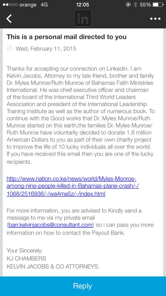 marele's tweet image. the Nigerian scheme just landed in the Bahamas... via LinkedIn... spammers still remain on top of creativity :)