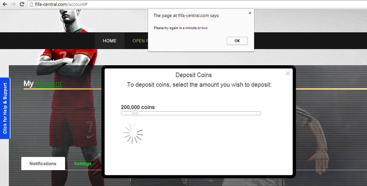 DBLFC7's tweet photo. @fifacentralsite Tired ofthis ! Im addicted to your site but i really hate this! been 2 hours trying to deposit http://t.co/iVYwUj4xcV