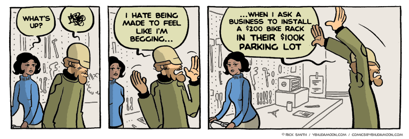 YehudaMoon's tweet photo. I never understood why suggesting a bike rack be installed seemed like such a big ask. #NewYehudaMoonStrip http://t.co/SwObFIz8mP