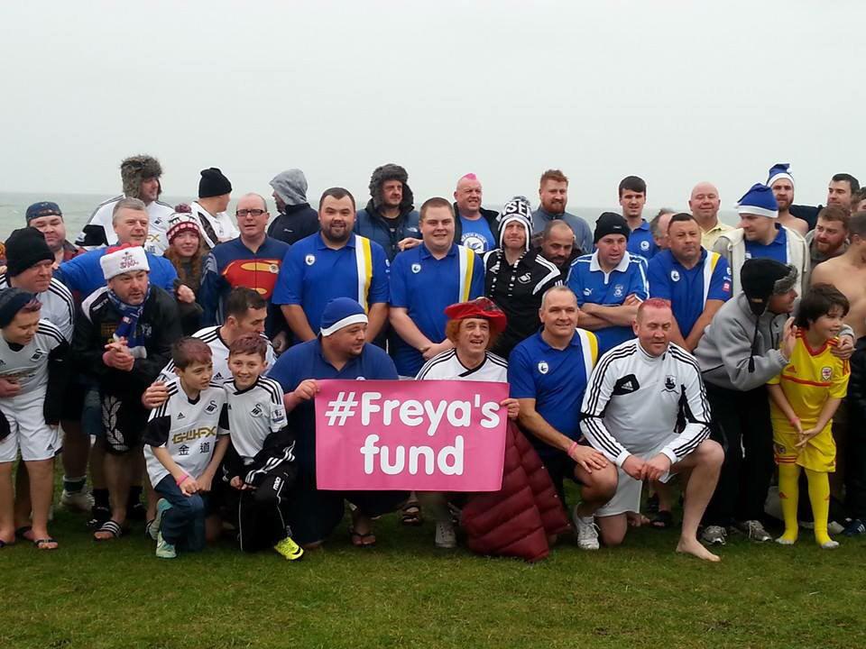 FreyaBevan_Fund's tweet photo. An amazing amount of £9538.00 has been raised by Swansea &amp; Cardiff City fans for #freyasfund by Boxing Day Dip in sea http://t.co/woHTMCWEqI