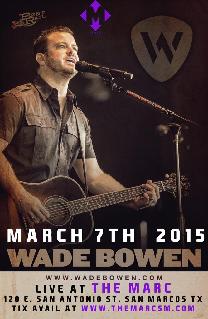 New announcement:

March 7 we have <a href="/WadeBowen/">Wade Bowen</a> coming to <a href="/TheMarcSM/">THE MARC</a> !

Tix avail at TheMarcSM.com