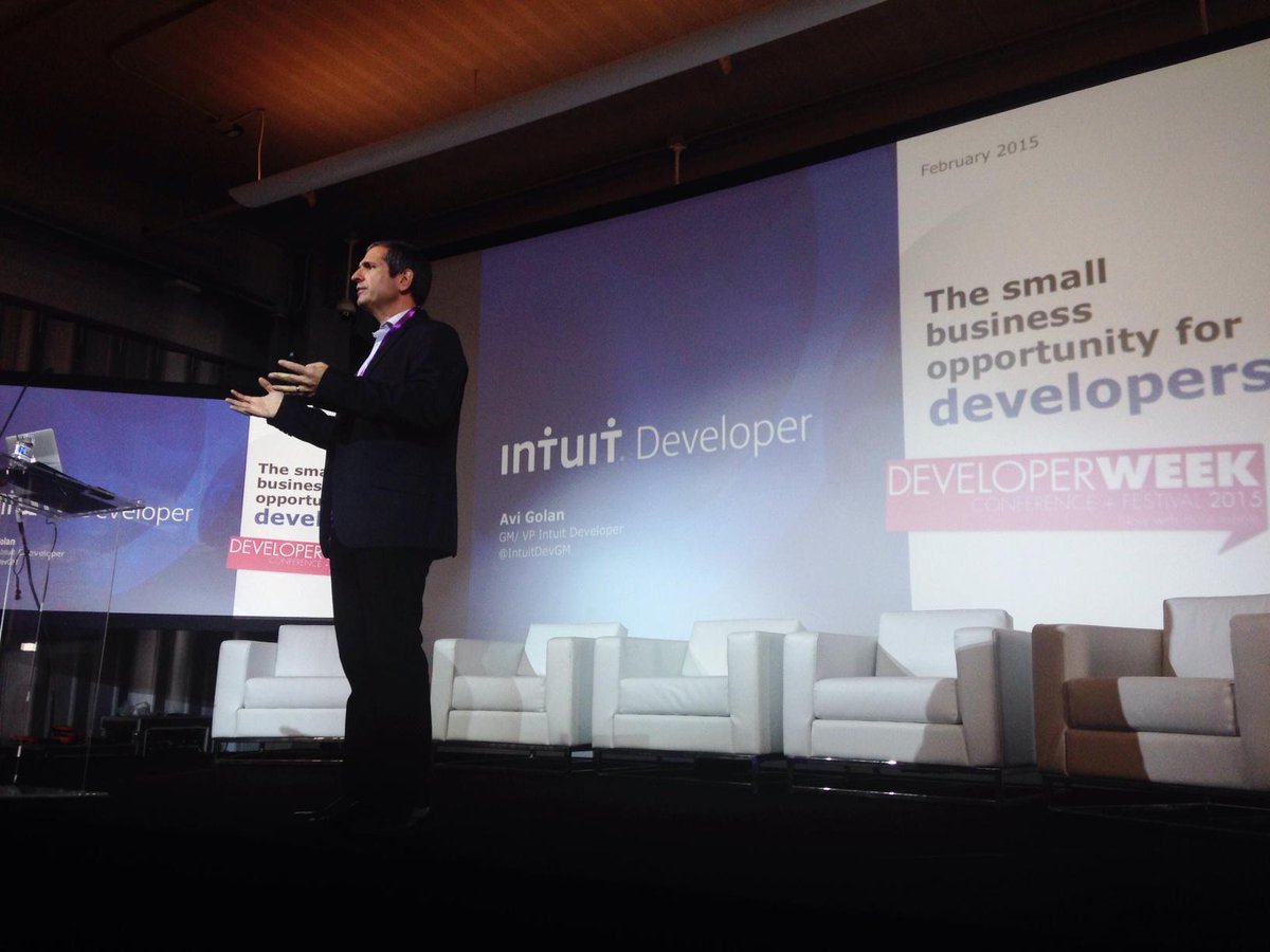 Intuit's tweet image. &quot;We created the software, but we can&apos;t do it by ourselves.&quot; -@IntuitDevGM #DevWeek15