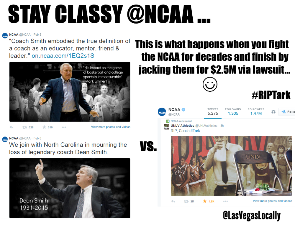 LasVegasLocally's tweet photo. LOL.. @NCAA still hasn't posted more than a RT to honor #Tark. All these years later the butthurt is still STRONG! :) http://t.co/gattP6iRnd