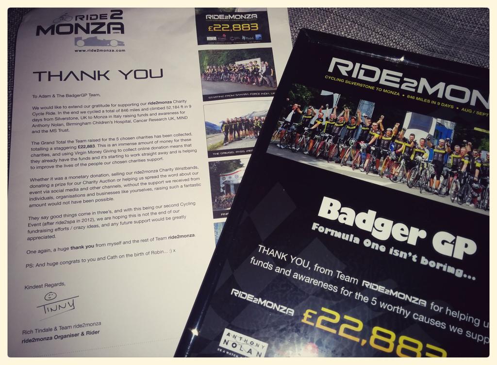 Fantasy_GP's tweet photo. Thank you note from @ride2monza for supporting them. 800+ miles to Monza, raising TWENTY THOUSAND pounds for charity http://t.co/SYUeRmn1MX