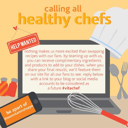 VitaminShoppe's tweet photo. Are you a healthy chef w/ a recipe blog? Share your links to be a #vitachef & receive new ingredients #bloggerswanted http://t.co/hFqdzFHJJJ