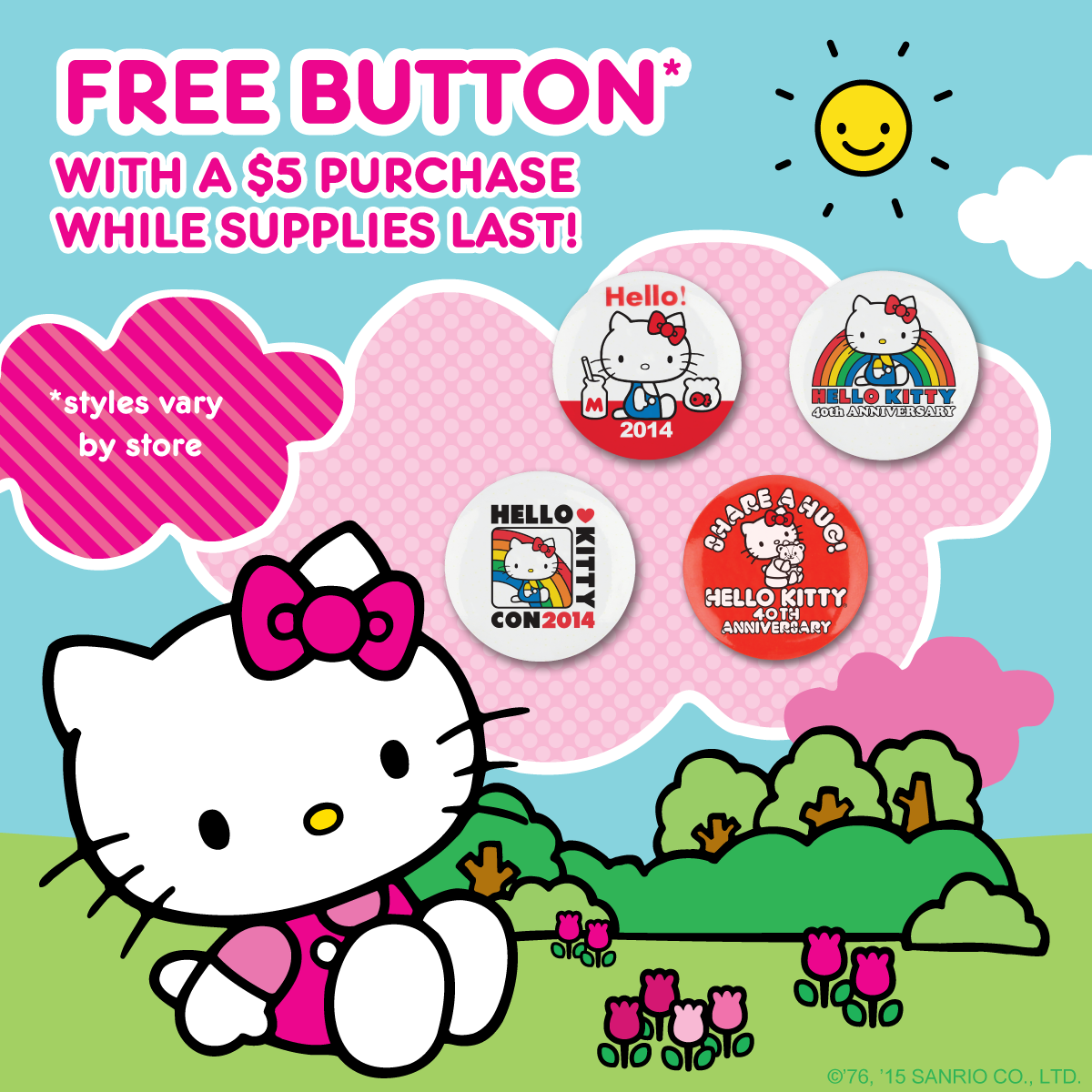 SanrioMP's tweet photo. Missed out @HelloKittyCon? Free collectable button with a $5 purchase. Available now at @SanrioMP! #FREE #HelloKitty http://t.co/IddVnzLyny