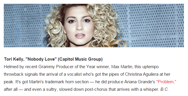 capitolmusic's tweet photo. .@ToriKelly's #NobodyLove is featured on @SPINmagazine's #SinglesMix this wk! Read more here: http://t.co/7J8lcWXMLX http://t.co/zvbEiLPTUy
