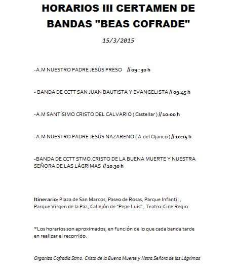 Buenos días. Os dejamos el horario e itinerario del pasacalles previo al certamen organizado por <a href="/SCBM_/">Cristo Buena Muerte</a> #15Marzo