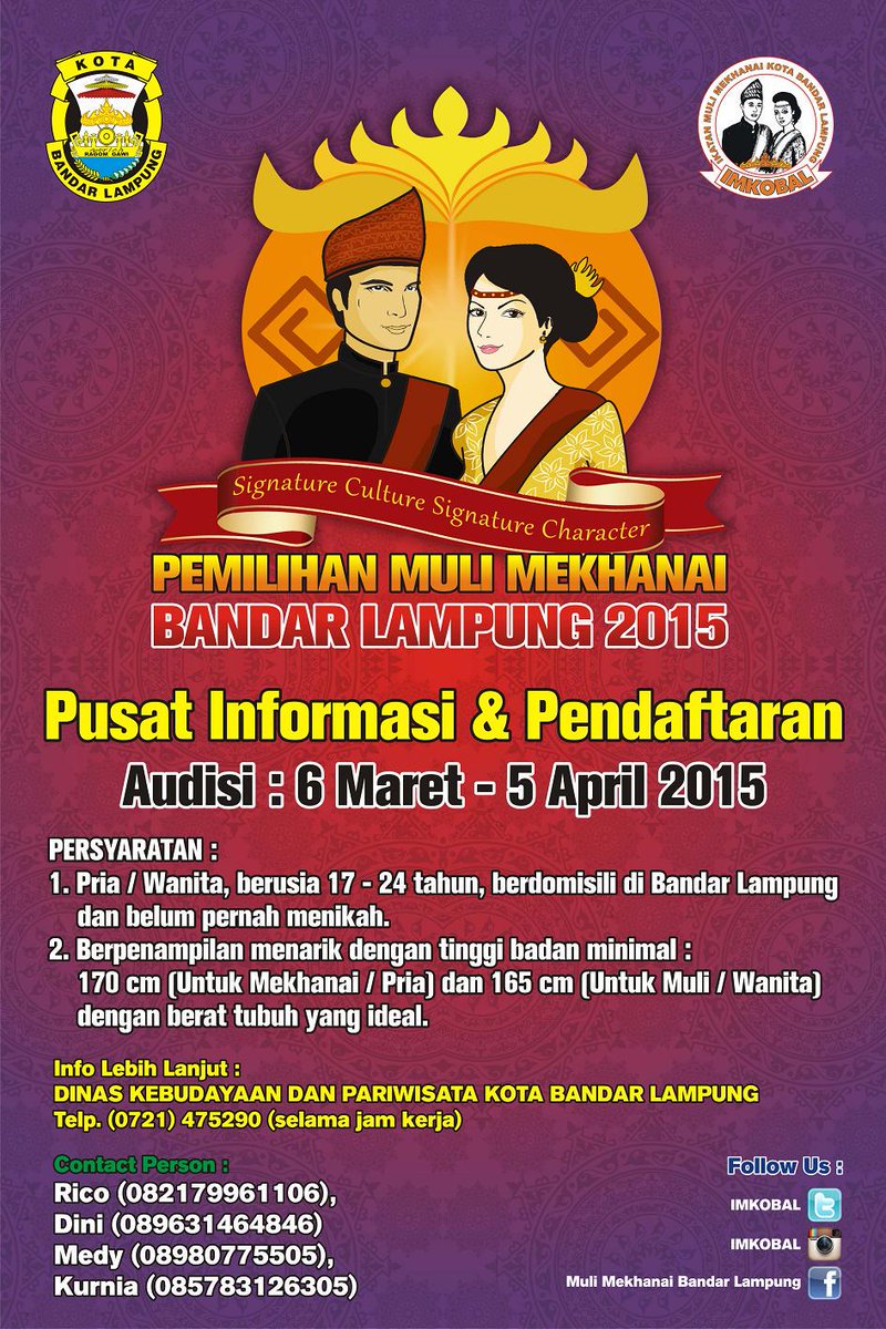 Jangan Lupa untuk ikut Pemilihan Muli Mekhanai Bandar Lampung 2015, Gratis. Persiapkan diri Anda...
Info: <a href="/IMKOBAL/">Akun IG : @IMKOBAL</a>