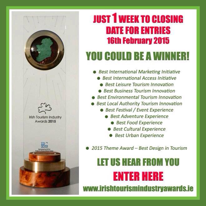 Failte_Ireland's tweet image. RT @Awards2015: 12 Tourism Awards opportunities #ITA2015. Enter @Awards2015 by Feb 16th