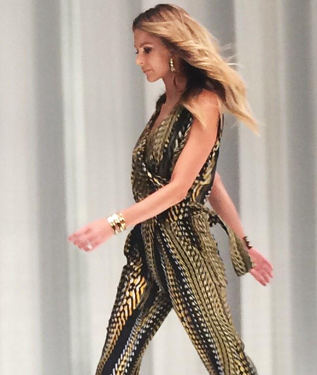 Jen Hawkins struts her stuff in a 70s inspired jumpsuit by <a href="/ArthurGalanAG/">Arthur Galan</a>. #myerAW15 #jenniferhawkins