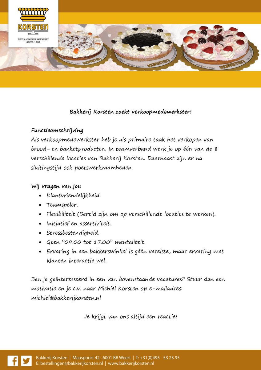 Bakkerij Korsten is op zoek naar een verkoopmedewerkster! RT wordt gewaardeerd :)