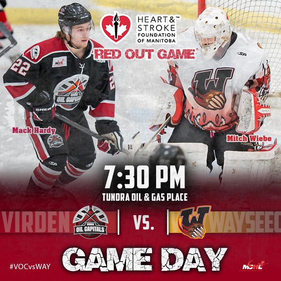 OilCapsHockey's tweet photo. Game Day vs. @WayWayWolver. Fans encouraged to wear RED in support of the Heart and Stroke Foundation of MB #VOCvsWAY http://t.co/RUDEE5n58L