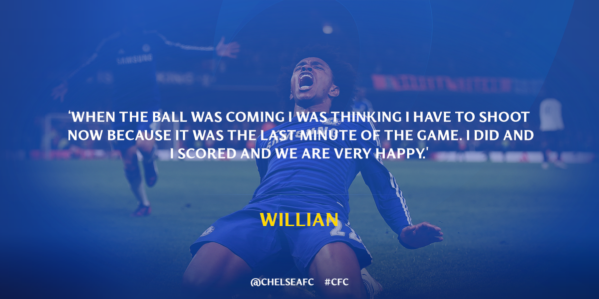 ChelseaFC's tweet photo. .@willianborges88 on the moment he sealed a dramatic victory for the Blues last night... http://t.co/4FW8xhqZ3j #CFC http://t.co/PdqhlztItt