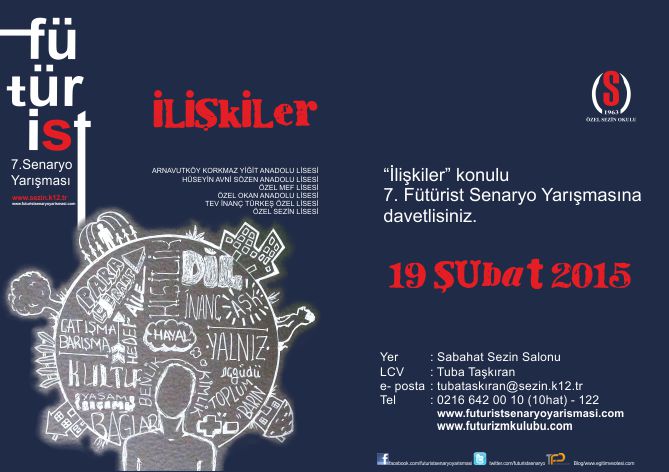 ozelsezinokulu's tweet photo. Özel Sezin Lisesi Fütürizm Kulübümüzün düzenlediği “İlişkiler” konulu 7.Fütürist Senaryo yarışmasına davetlisiniz. http://t.co/lWw2QNOoir
