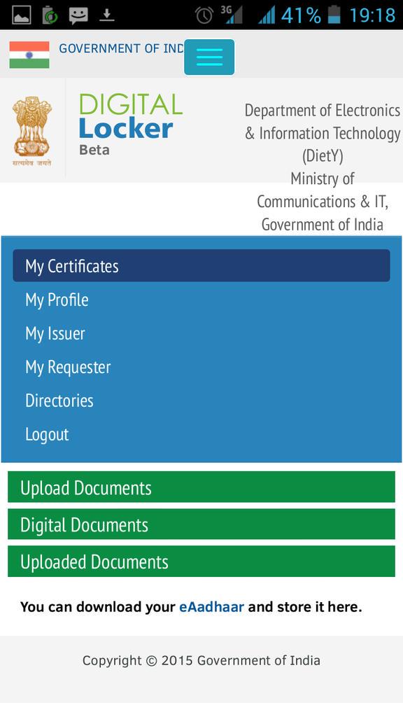 sudheendrak's tweet photo. #digitallocker from Bharat government as part of #DigitalIndia 
http://t.co/gkNBj2U46E very nice and intuitive ui. http://t.co/uAfk5DU17R