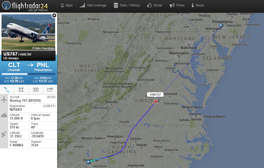 Last USAirways Boeing 767 flight is now en route from Charlotte to