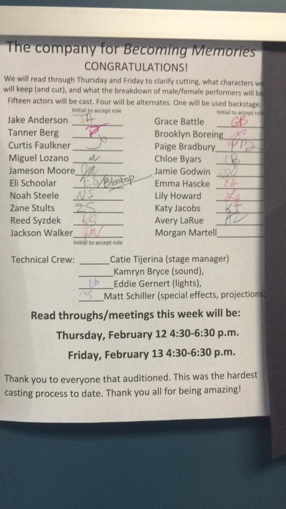 JBHSTheatre's tweet photo. Congratulations! Hope everyone's excited to start working! Check the call board for information throughout the week❤️ http://t.co/XE8UDslhCc