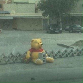 Teddy bears starting to appear at barricades before #Bahrain Feb 14 anniversary