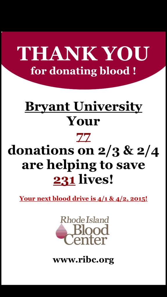 Thank u to everyone that donated blood! 231 lives saved!! <a href="/BryantWoSoc/">Bryant Women’s Soccer</a> <a href="/BryantGreekLife/">Bryant Greek Life</a> <a href="/BryantUprez/">Ronald Machtley</a> <a href="/BryantUniv/">Bryant University</a> #ΦΚΤ