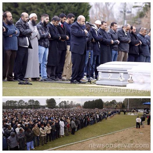 CAGEintl's tweet photo. Thousands gather for the funeral of the 3 young Muslims who were killed #ChapelHillShooting #MuslimLivesMatter http://t.co/tuZqy0yOF5