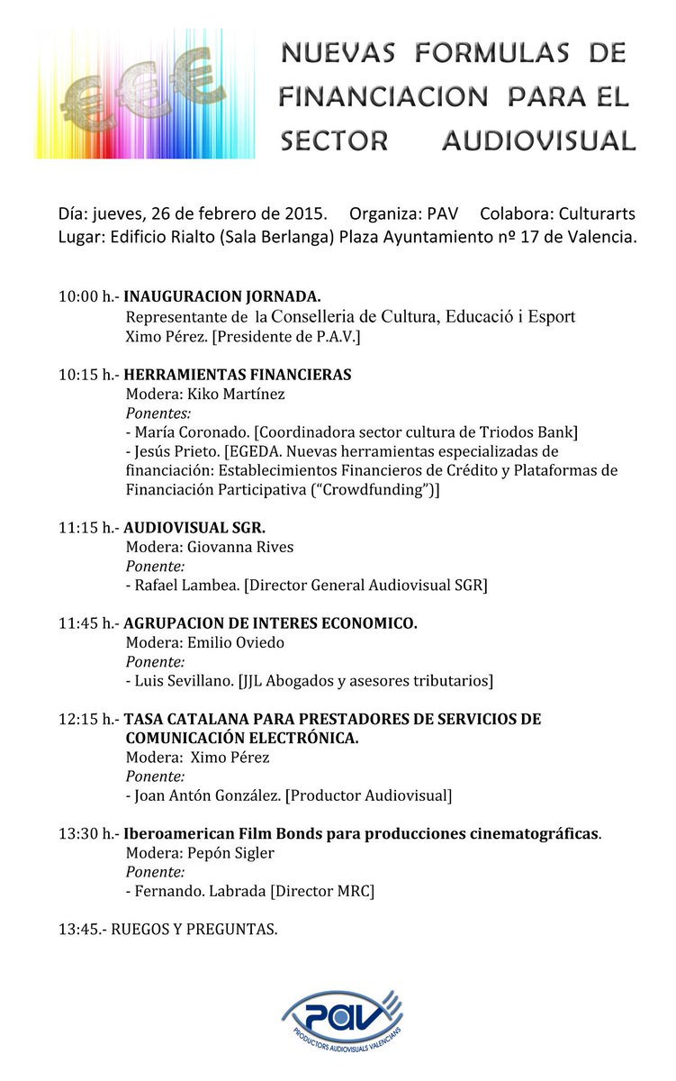 #NOVAFINANCIACIO Adjunto programa de una interesantísima jornada sobre nuevas fórmulas financiación del audiovisual