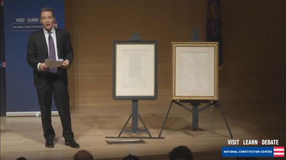MyConstitution's tweet image. .@RosenJeffrey showing audience an original copy of the 13th Amendment signed by President Lincoln. #SecondFounding