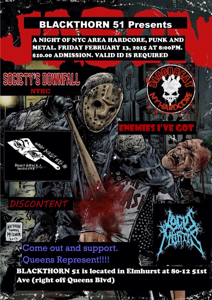 SocietyDownfall's tweet photo. Tomorrow night! Friday the 13th @ Blackthorn 51 Queens NY http://t.co/QRlvVBI1Nj